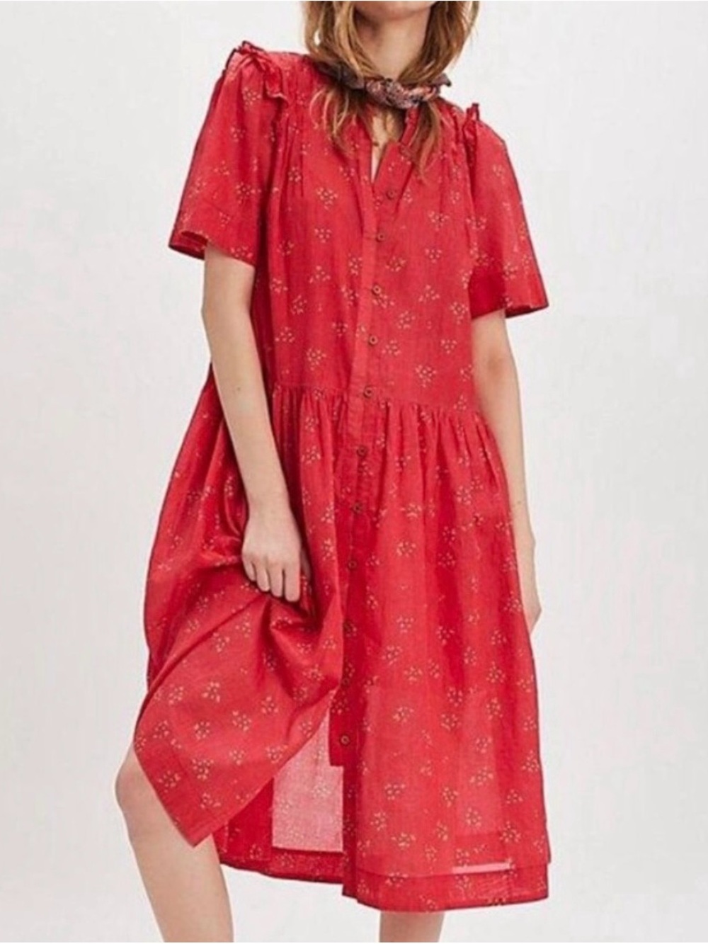 NWT Free People Bella Mae Red Floral Button-Down Midi Dress, XS, fits oversized.